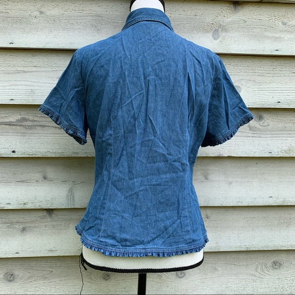 True Vintage 70s Blue Cotton Denim Ruffled Trim Button Down Short Sleeve Blouse - Picture 15 of 16